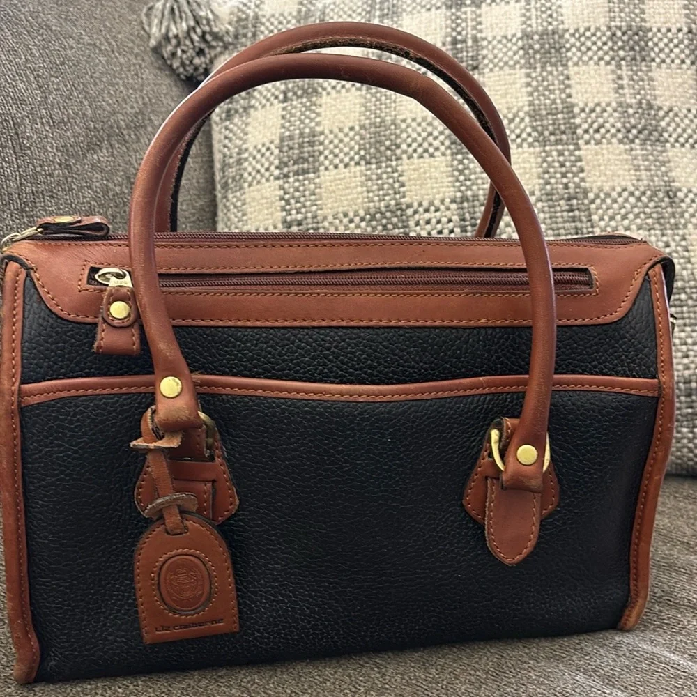 Vintage 80s Liz Claiborne 100% Black‎ & Tan Leather Satchel/Shoulder Bag/Purse